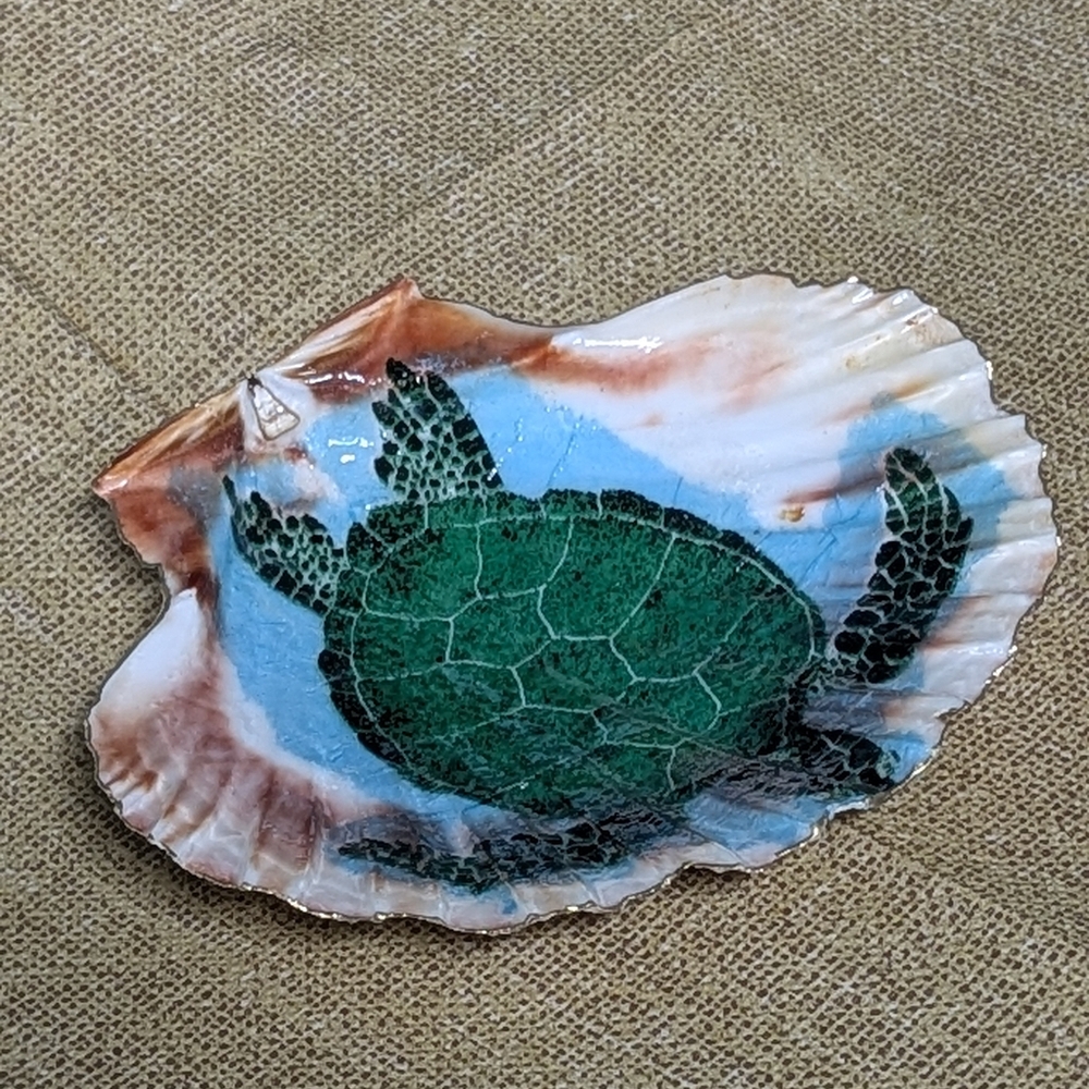 Hand Crafted Decoupaged Scallop Shell Turtle Diving On Natural Background 4.5x4 - Picture 5 of 6